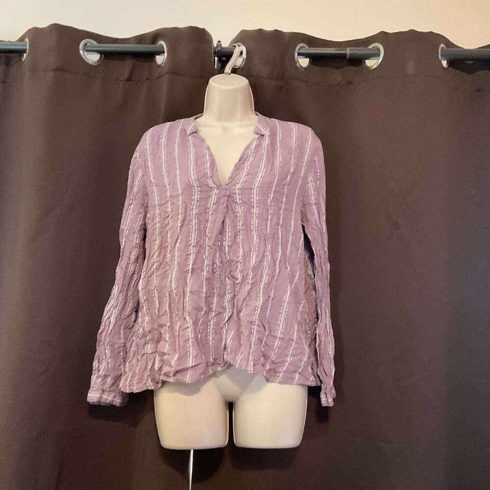 Jennifer Lopez Lavender Striped V-Neck Blouse, Long Sleeve, Size S